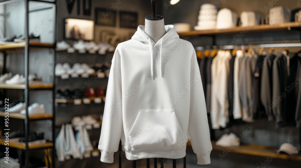 mockup of a white sweatshirt hanging on a mannequin in a clothing store mockup of a white sweatshirt hanging on a mannequin in a clothing store
