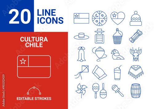Set de 20 iconos de la cultura de Chile, simbolos patrios, comidas típicas, fauna, vectores en Formato Vectorial. Fiestas Patrias.