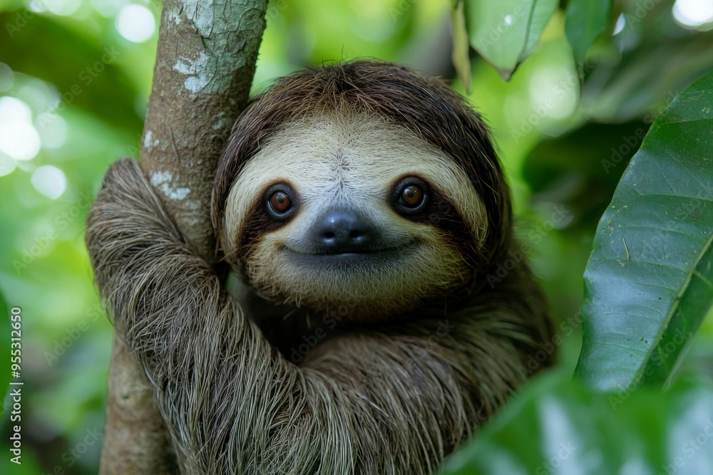 Close-up portrait of a smiling sloth in a tree Close-up portrait of a smiling sloth in a tree