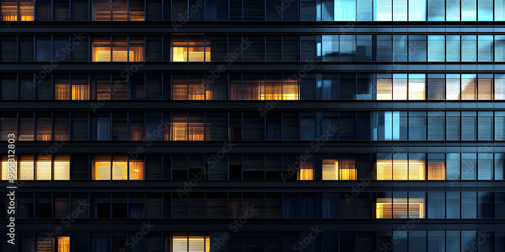 Seamless skyscraper facade with windows and blinds at night. Modern abstract office building background texture with glowing lights against dark black exterior walls. High resolution 3D rendering.. Seamless skyscraper facade with windows and blinds at night. Modern abstract office building background texture with glowing lights against dark black exterior walls. High resolution 3D rendering..
