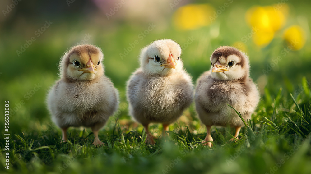 Three fluffy chicks walks in green grass Three fluffy chicks walks in green grass