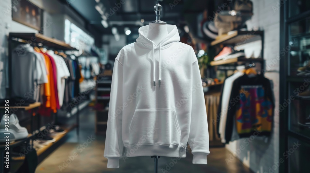 mockup of a white sweatshirt hanging on a mannequin in a clothing store mockup of a white sweatshirt hanging on a mannequin in a clothing store