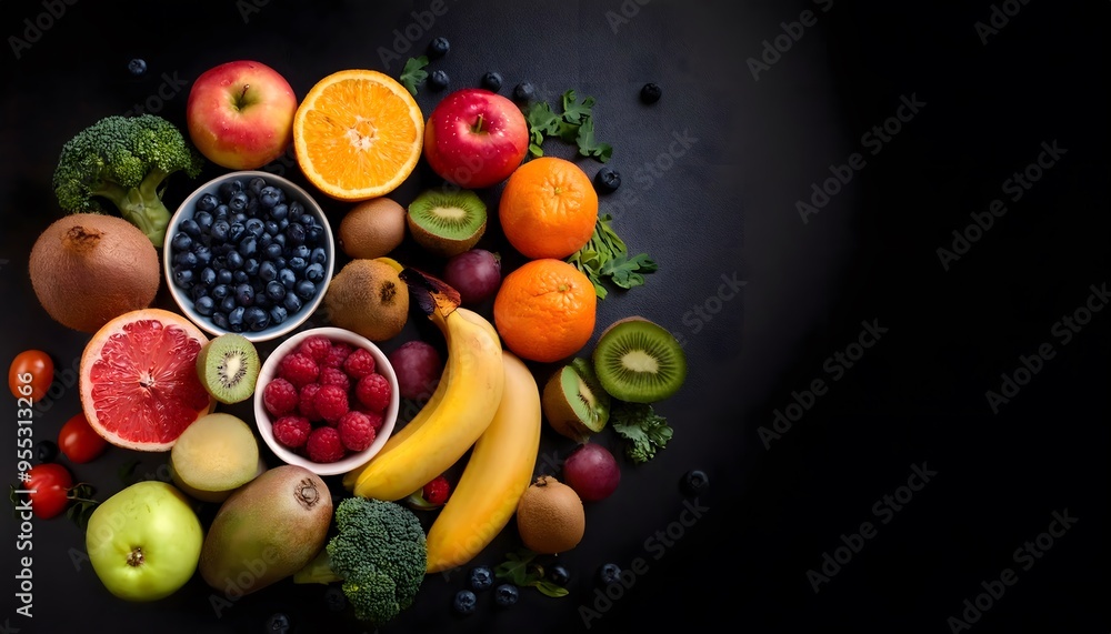 Top view of fresh delicious various kinds of healthy fruits on the Dark black abstract background with Copy Space, World Food Day concepts Top view of fresh delicious various kinds of healthy fruits on the Dark black abstract background with Copy Space, World Food Day concepts