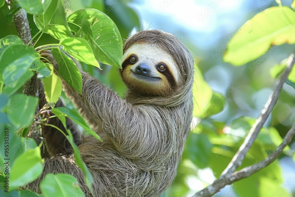 A Two-Toed Sloth Clinging to a Tree Branch A Two-Toed Sloth Clinging to a Tree Branch