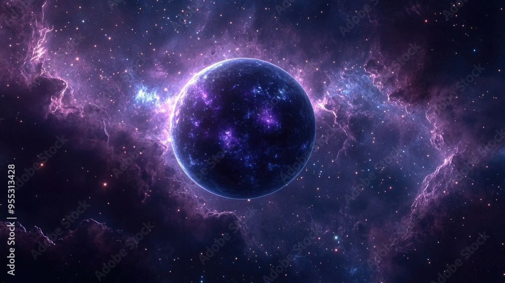 Obraz premium Mysterious celestial body in deep space featuring a vibrant nebula and a cluster of stars 3D digital artwork