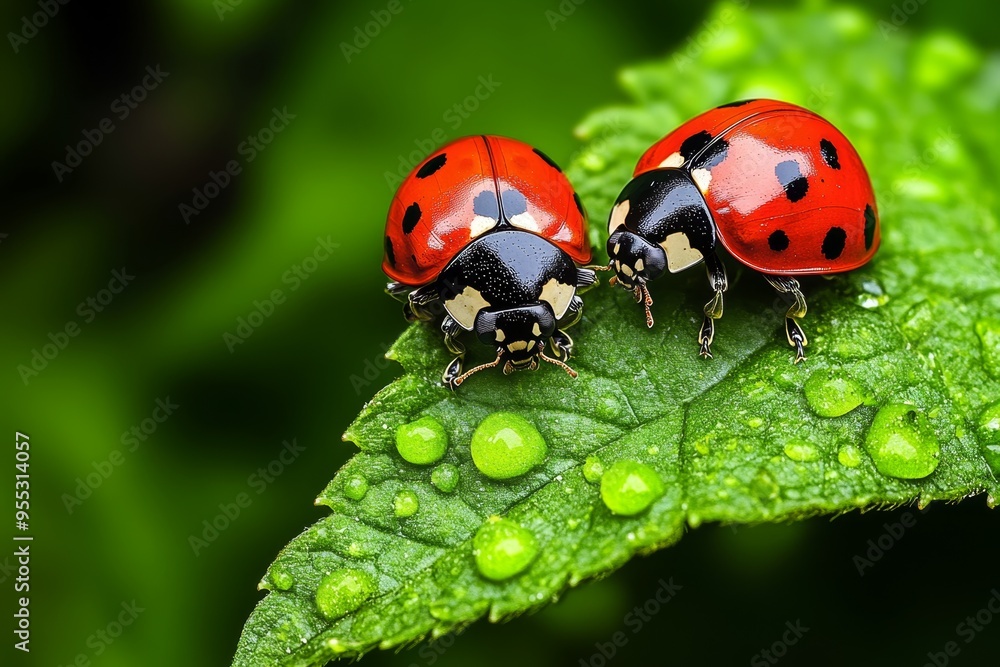 Fototapeta premium Ladybugs, symbols of protection, natureâ€™s guardians represent the careful balance of life in the garden