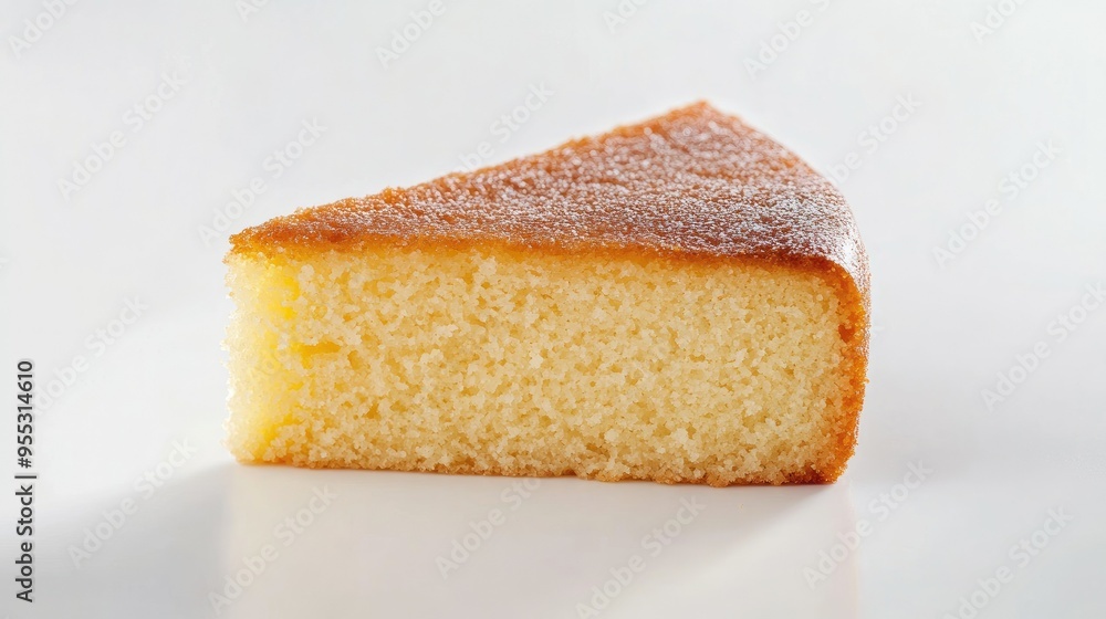 A minimalist semolina cake banner with a piece of cake centered, against a clean, white background.