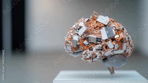 The image showcases an artificial intelligence brain constructed with numerous electronic components and colorful wiring, symbolizing the fusion of human cognition and advanced technology. photo