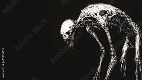 Skeletal Kasha Feasting on Decaying Corpses in Surreal Line Drawing Style photo