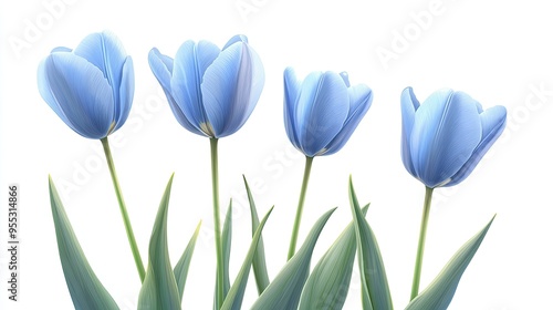 A minimalistic composition of blue tulip flowers, isolated on a white background with crisp detail.