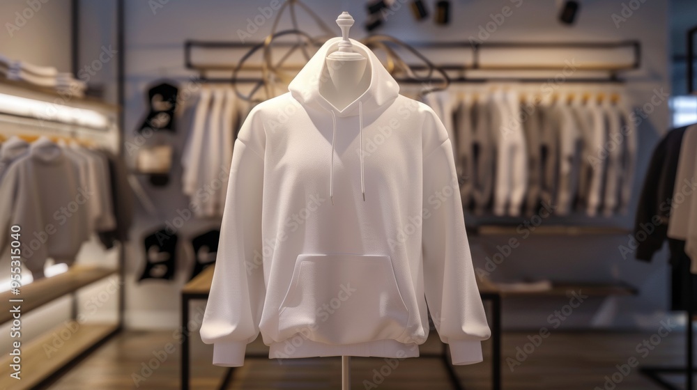 mockup of a white sweatshirt hanging on a mannequin in a clothing store mockup of a white sweatshirt hanging on a mannequin in a clothing store