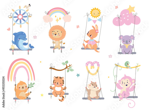 Animals riding on swings. Cartoon animal on swing, lion hamster dolphin tiger sloth koala. Funny childish wild characters, nowaday vector set