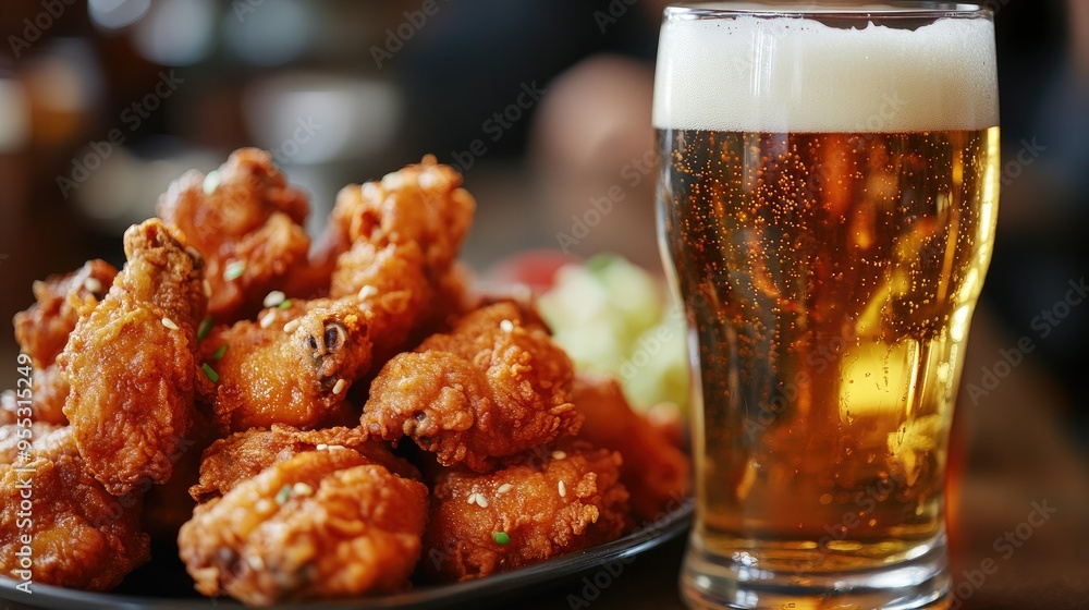 A mouth-watering shot of golden Korean fried chicken with a glass of beer, showcasing the perfect chimaek combination. A mouth-watering shot of golden Korean fried chicken with a glass of beer, showcasing the perfect chimaek combination.
