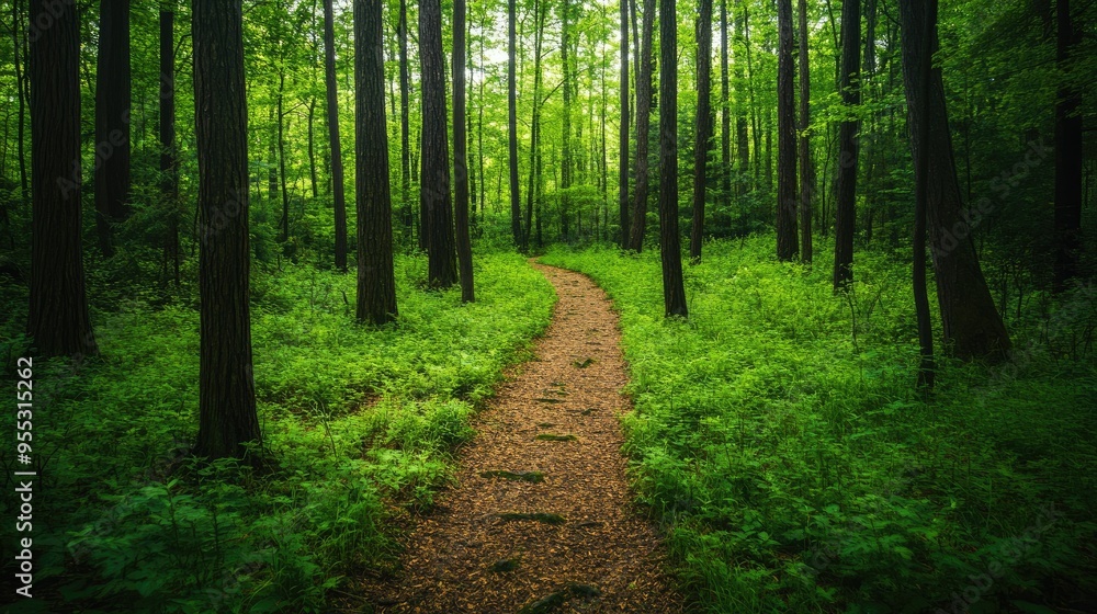 Obraz premium A narrow trail through a lush forest, surrounded by tall trees and vibrant greenery.