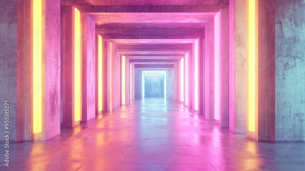 Futuristic abstract interior featuring glowing pink and yellow neon tubes in a concrete setting 3D illustration and rendering Futuristic abstract interior featuring glowing pink and yellow neon tubes in a concrete setting 3D illustration and rendering