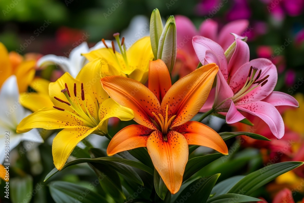 Lilies, in a flower bed, a sea of blossoms create a stunning visual display in the garden Lilies, in a flower bed, a sea of blossoms create a stunning visual display in the garden