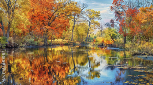 Autumn landscape, Riverbank with trees in full fall colors, Reflection of foliage in the water, Clear and crisp afternoon light, Calm and serene.