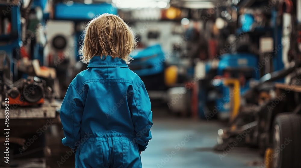 Child in a blue mechanic's outfit, facing away in a garage, surrounded by car parts and equipment, ready to learn the trade. Child in a blue mechanic's outfit, facing away in a garage, surrounded by car parts and equipment, ready to learn the trade.