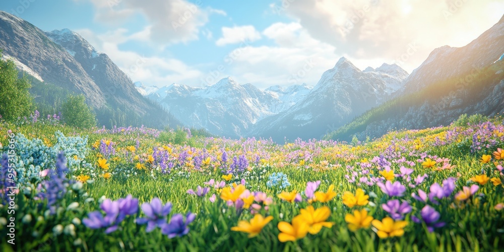 Fototapeta premium Vibrant spring flower field scene with a natural beauty podium backdrop 3D rendering