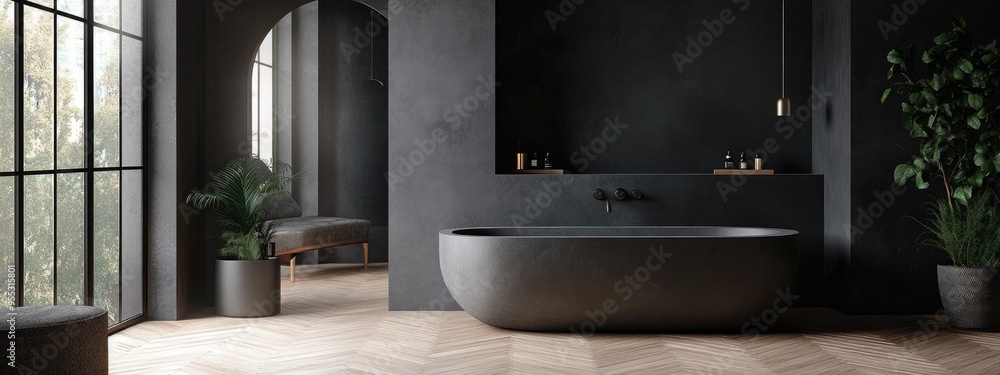 Dark bathroom featuring a parquet floor and concrete podium near a window side view Minimalist grey space with contemporary furniture 3D rendering no people Dark bathroom featuring a parquet floor and concrete podium near a window side view Minimalist grey space with contemporary furniture 3D rendering no people