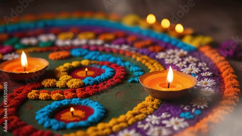 Beautiful diwali diya lamps lit on colorful rangoli, flowers. Seamless looping 4k video animation