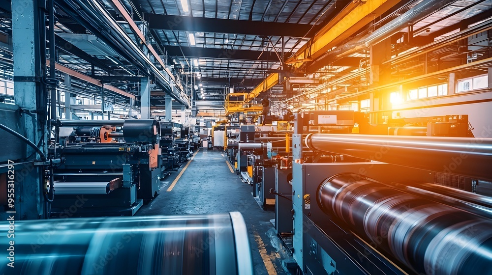 Industrial Factory Interior with Conveyor Belts and Machinery in Industrial Factory Interior with Conveyor Belts and Machinery in