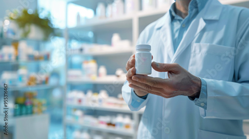 A pharmacist wearing a white coat and holding a realistic pill bottle. The background should be a blurred. photo