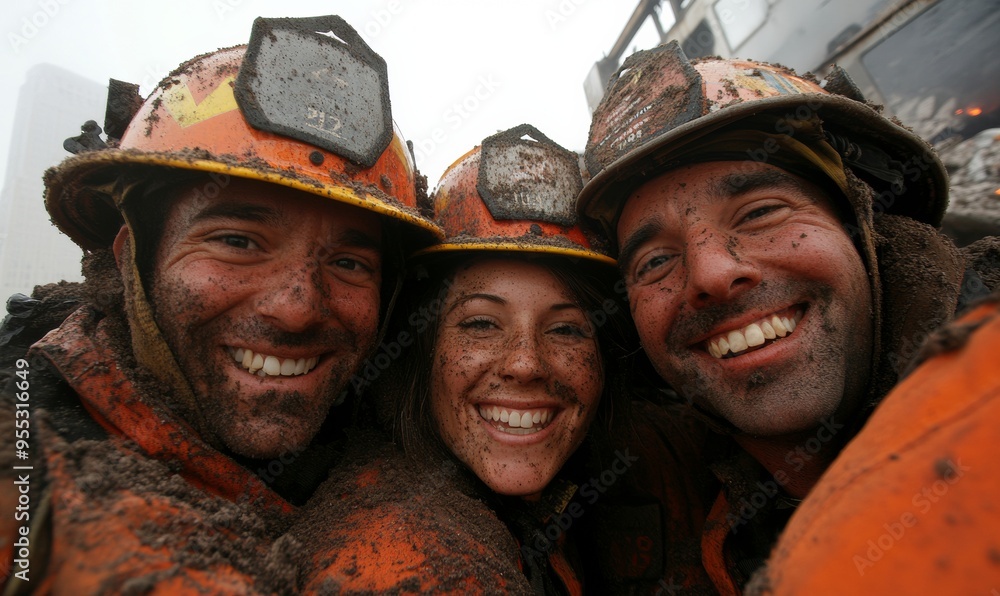 Diverse Group of Male and Female Firefighters Smiling After Battling Massive Blaze in Burnt-Out Urban Setting Diverse Group of Male and Female Firefighters Smiling After Battling Massive Blaze in Burnt-Out Urban Setting