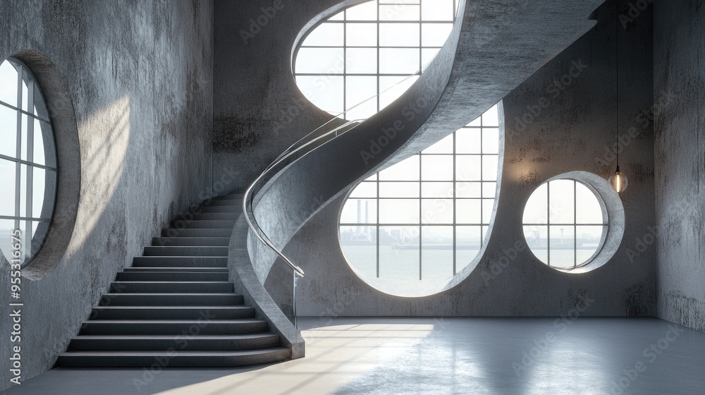 Fototapeta premium Interior architectural background featuring curved stairs and round windows in an industrial style loft 3D render