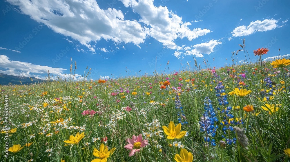Fototapeta premium Serene Meadow Bliss: Vibrant Pastel Wildflowers and Tall Grasses under a Blue Sky