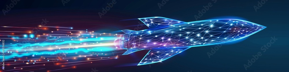 Digital Rocket Graphics a blue digital rocket in low poly wireframe, space exploration and ...