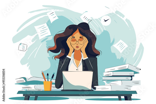 Stressed Businesswoman Overwhelmed by Unfinished Work and Facing Burnout