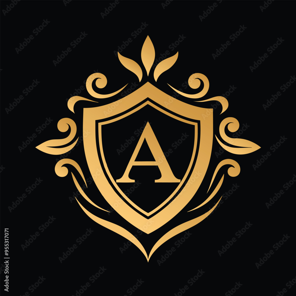 Obraz premium Luxurious golden monogram vector with shield and filigree for high-end branding design.