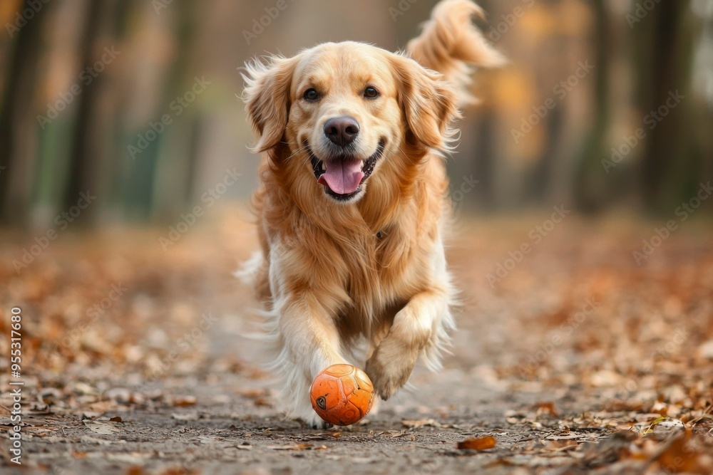 Golden Retriever Running with a Ball in Autumn Forest Golden Retriever Running with a Ball in Autumn Forest