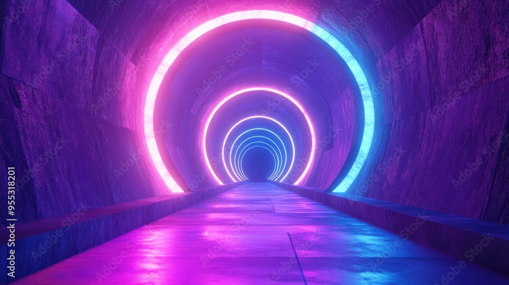 Neon Glowing Retro Modern Synthwave Tunnel with Purple and Blue Vibrant Lights Featuring Grunge Concrete Background in a 3D Rendered Illustration Neon Glowing Retro Modern Synthwave Tunnel with Purple and Blue Vibrant Lights Featuring Grunge Concrete Background in a 3D Rendered Illustration