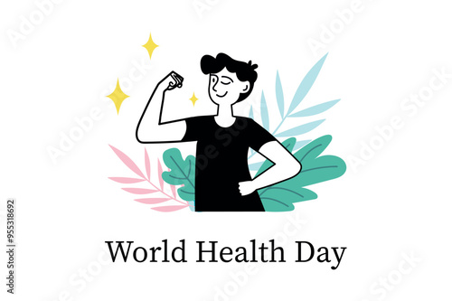 World Health Day linear concept with people scene in the flat cartoon style. A man flexes his biceps while promoting fitness and health awareness, surrounded by colorful leaves. Vector illustration.