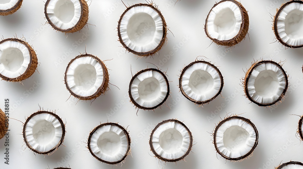 Vibrant Tropical Coconut Halves Arranged in Appealing Pattern Vibrant Tropical Coconut Halves Arranged in Appealing Pattern