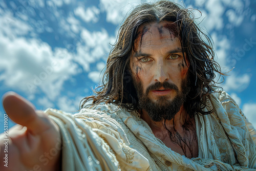 Jesus Christ with a beard and long hair is wearing a white robe and holding his hand out. Religious theme and conveys a sense of peace and hope photo