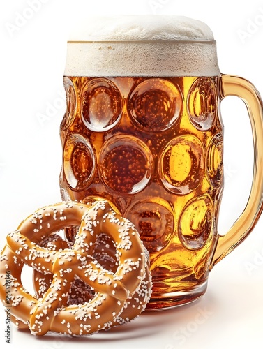 Festive Oktoberfest Spread with Overflowing Beer Steins and Artisanal Pretzels on Minimal White Background photo