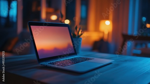 Laptop with Sunset Background on Table at Night