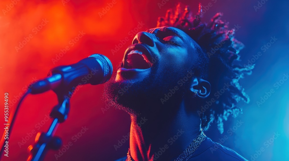 An individual sings passionately into a microphone, drenched in vivid red and blue lighting, conveying a deep sense of emotion and energy in the performance. An individual sings passionately into a microphone, drenched in vivid red and blue lighting, conveying a deep sense of emotion and energy in the performance.