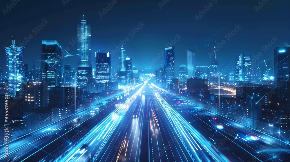 Obraz premium Digital highway with glowing blue lights in a futuristic city