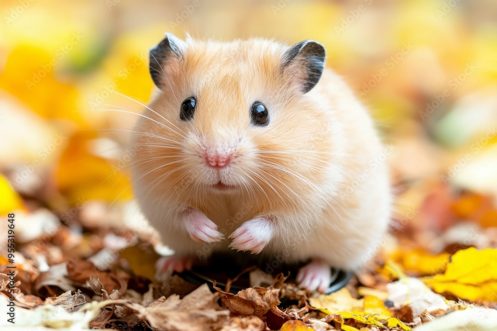 A Close-Up of a Golden Hamster in Autumn Leaves A Close-Up of a Golden Hamster in Autumn Leaves