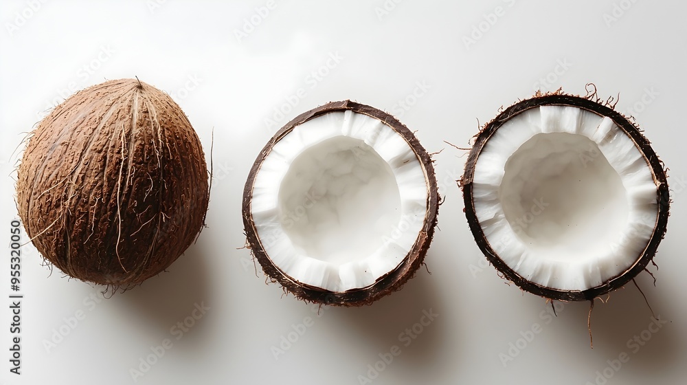 Freshly Cracked Open Whole and Halved Coconuts on Plain Background Freshly Cracked Open Whole and Halved Coconuts on Plain Background
