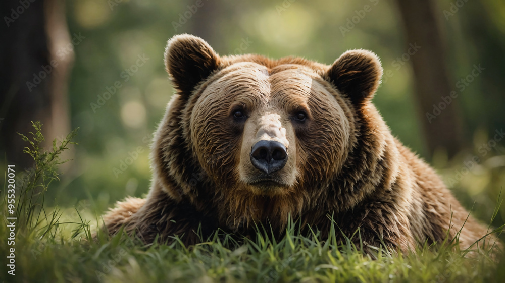 Cute brown bear resting in forest. Portrait of wild bear lying on grass in woodland. Wildlife Cute brown bear resting in forest. Portrait of wild bear lying on grass in woodland. Wildlife