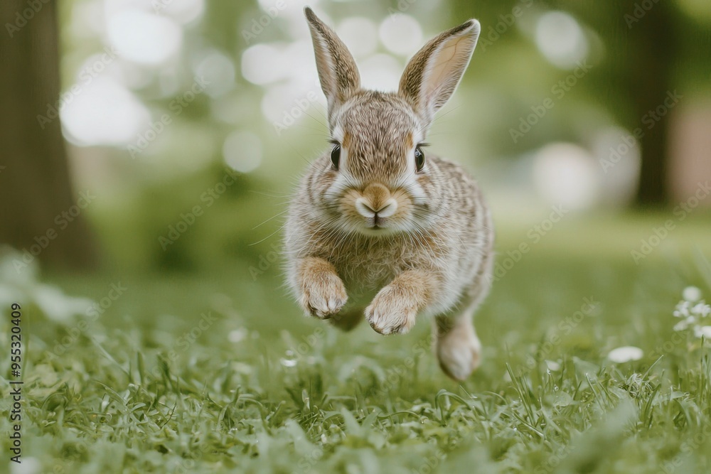 A Curious Rabbit Leaping Through Green Grass A Curious Rabbit Leaping Through Green Grass