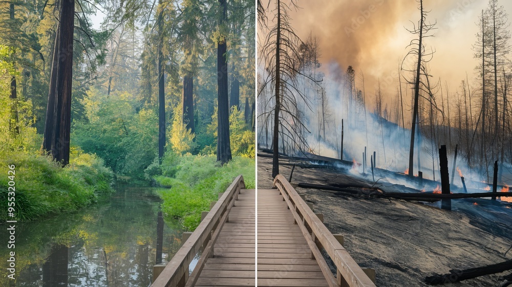Fototapeta premium Split image showing a lush green forest on the left and raging forest fire on the right.