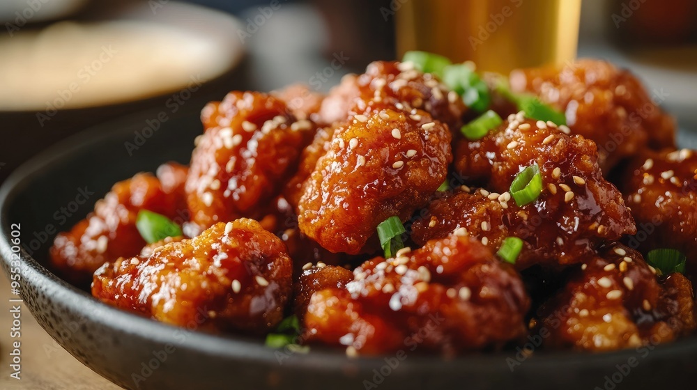 Close-up of a plate of Korean fried chicken served with a refreshing beer, emphasizing the textures and flavors of chimaek. Close-up of a plate of Korean fried chicken served with a refreshing beer, emphasizing the textures and flavors of chimaek.