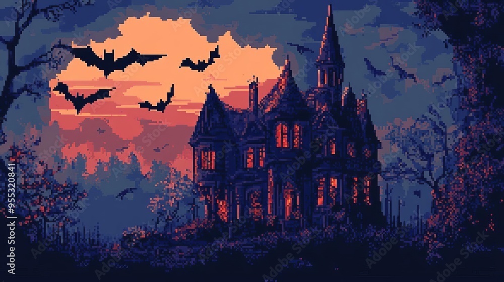Pixelated bats flying over a haunted mansion, Retro 8-bit, Halloween night Pixelated bats flying over a haunted mansion, Retro 8-bit, Halloween night
