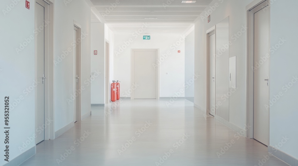 Modern Office Building Hallway with Fire Safety Measures Calm Atmosphere in Bright, Well-Prepared Environment Modern Office Building Hallway with Fire Safety Measures Calm Atmosphere in Bright, Well-Prepared Environment